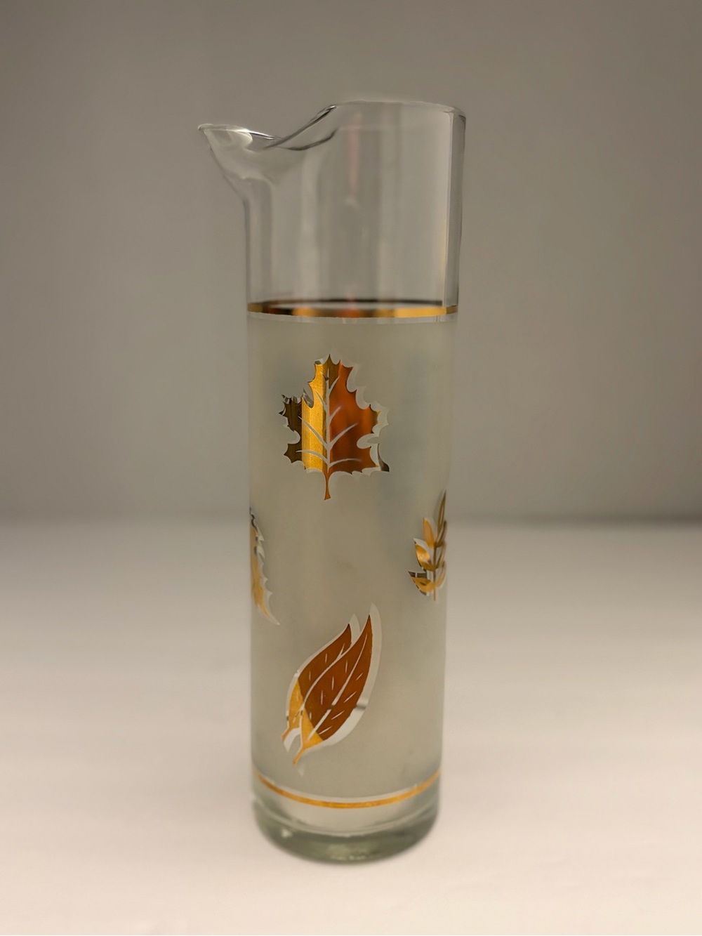 Vintage MCM G. Reeves Signed Frosted Gold Leaf Glass Pitcher-Mid-Century Barware